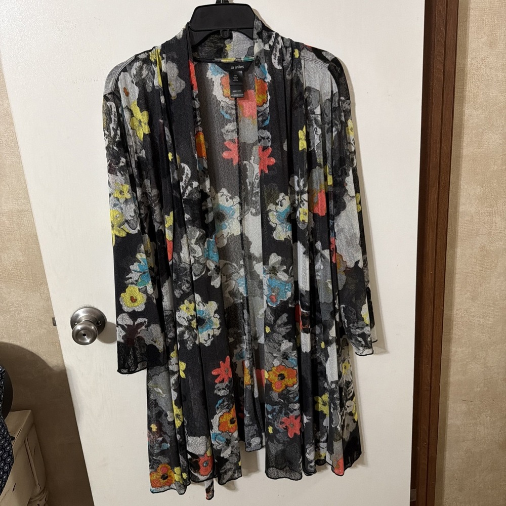 ALI MILES 2X Sheer Open Front Printed Mesh Cardigan Black Floral Multicolor